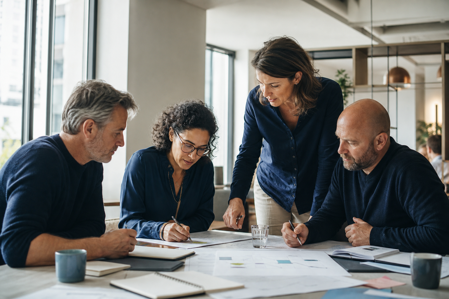 Four colleagues review a workforce development plan together.