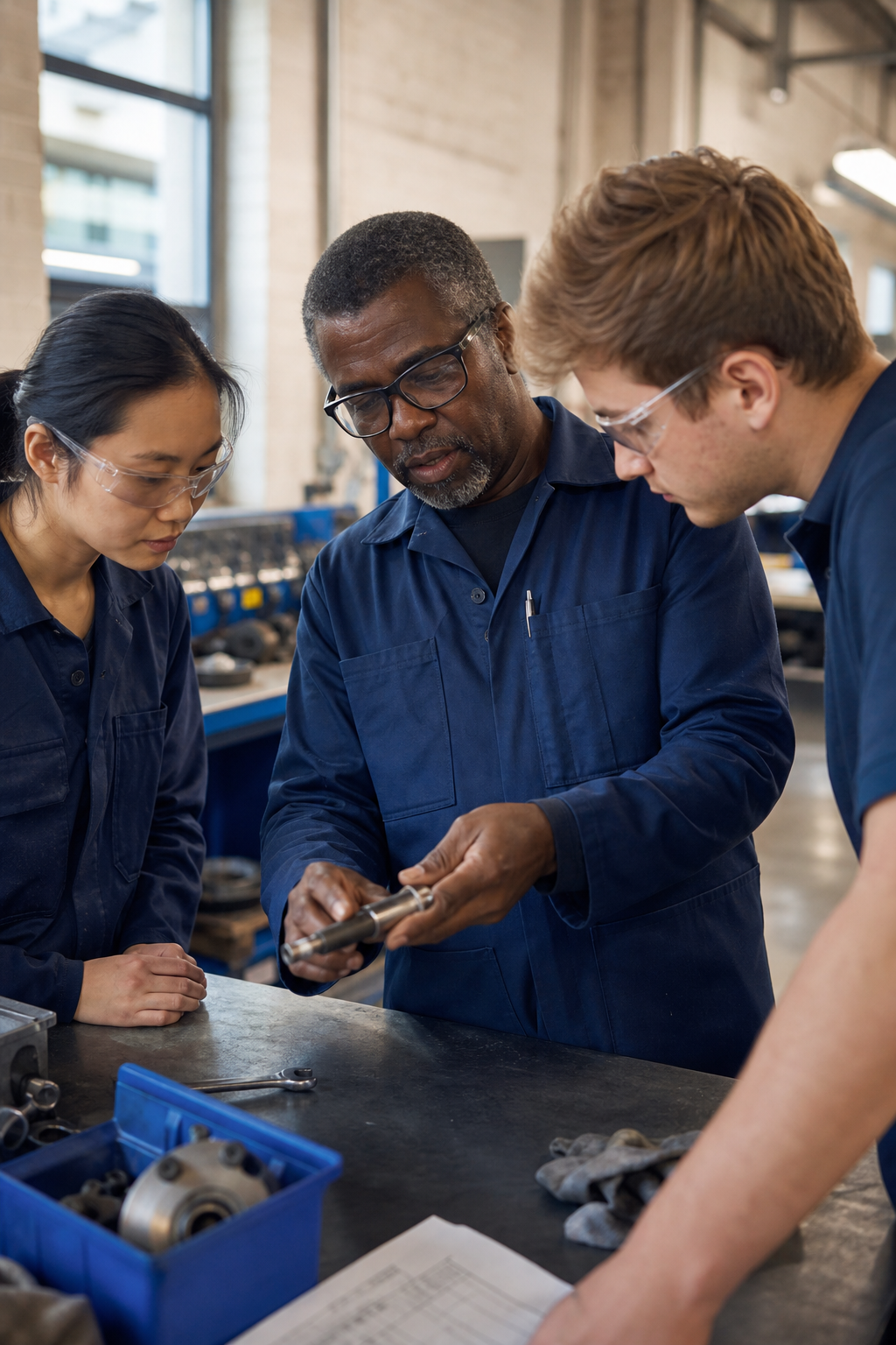 A supervisor coaches employees through a practical workplace learning exercise.
